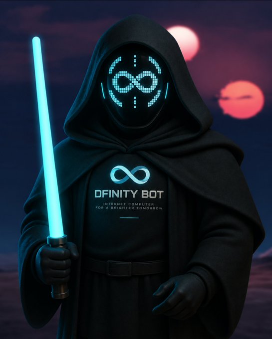 A dark, hooded figure with a glowing blue digital infinity symbol mask holds a blue lightsaber. Text on the robe reads 'OFINITY BOT' and 'INTERNET COMPUTER FOR A BRIGHTER TOMORROW' against a sunset backdrop with two planets.