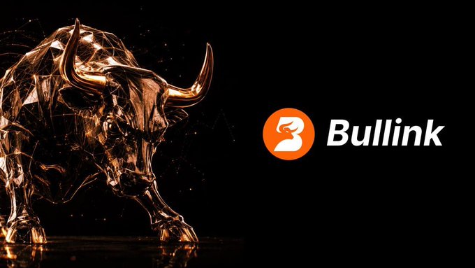 The image features a gold bull statue with horns positioned against a black background. The bull's head is facing forward while its body extends towards the left side of the frame, creating an interesting visual contrast. In front of the bull statue, there are two orange circles that read "Bullink" and "Airdrop", indicating that this image might be related to a Bullink campaign or advertisement.