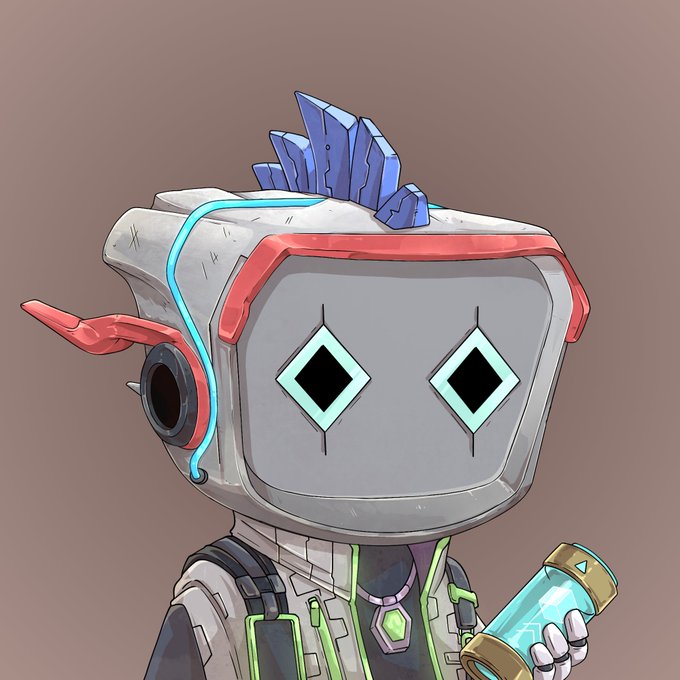 A digital illustration of a robot-like character with a boxy gray head, diamond-shaped cyan eyes, red horns, blue crystal spikes on top, and a green crystal on its torso, holding a glowing vial.