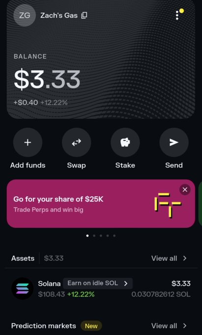 A screenshot of a cryptocurrency wallet showing a balance of $3.33 in Solana (SOL), with options to add funds, swap, stake, and send, along with a promotional banner for trading perps.