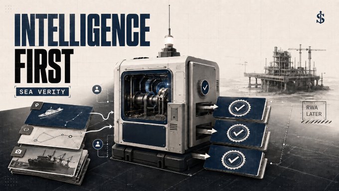 A promotional graphic titled 'INTELLIGENCE FIRST SEA VERITY' shows industrial machinery with an antenna, accompanied by an offshore oil rig, data screens, and a 'RWA LATER' label.