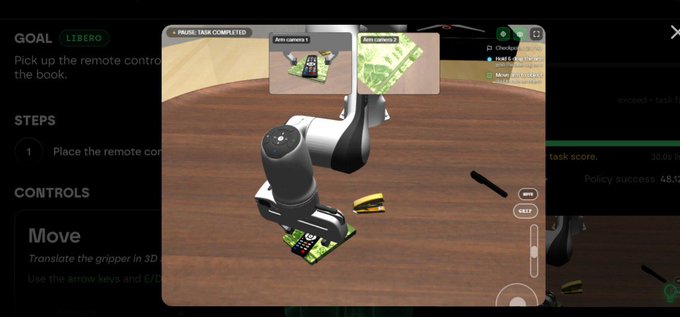 The image shows a robotic arm simulation interface where a task is marked as "PAUSE: TASK COMPLETED" with "Auto camera 1" view, alongside visible metrics like "task score: 30.0" and "Policy success: 48.5%." This illustrates the post's point that even when a task shows green/completed status, the actual scoring (shown as just 30.0) and policy success rate (48.5%) indicate the trajectory hasn't been validated or signed off yet, emphasizing that completion alone doesn't mean acceptance into the Portfolio on Base.