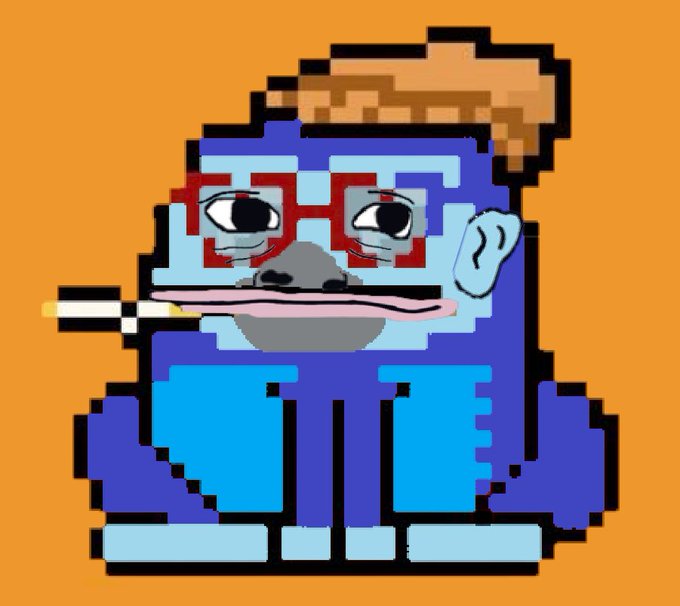 A pixel-art image depicts a blue-skinned character with brown hair, red-rimmed glasses, and a cigarette in their mouth, sitting against an orange background. The cartoon figure pairs with the post as a stylized avatar or illustration to celebrate welcoming @0xRoosta to the Ronke Network and congratulating them on their 1/1 $RONKE airdrop.