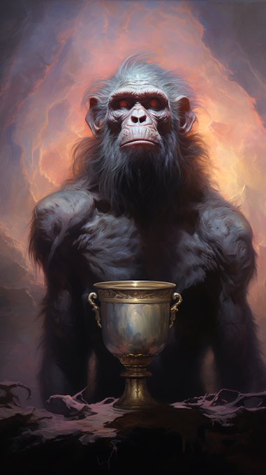A digital painting of a fierce, large grey gorilla-like creature with glowing red eyes standing behind a golden chalice against a fiery sky.