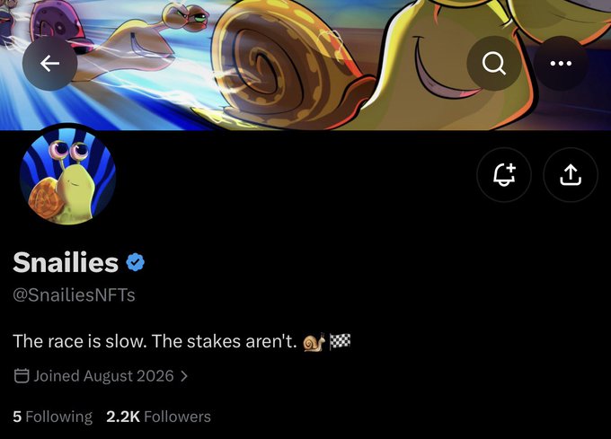 A Twitter/X profile page for the verified account "Snailies" (@SnailiesNFTs), showing a snail-themed banner and avatar, with the bio "The race is slow. The stakes aren't. 🐌🏁", 2.2K followers, and joined August 2026—matching the post's mention of an early IP collection on Robinhood.
