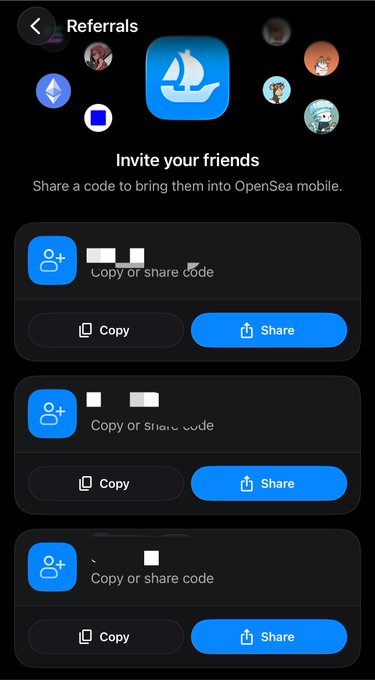 A mobile app screenshot of the OpenSea Referrals page showing 'Invite your friends' options with Copy and Share buttons for referral codes.