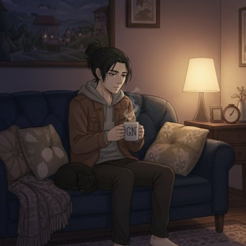 An anime-style illustration of a person with dark hair sitting on a blue couch, drinking from a mug labeled 'GN' in a cozy room with a glowing lamp.