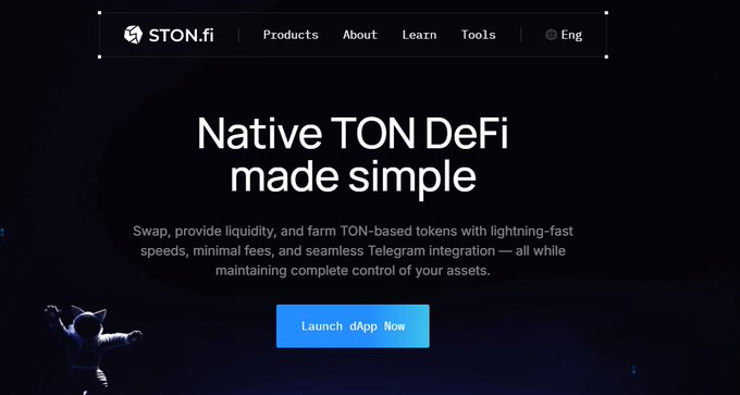 The STON.fi website header displaying 'Native TON DeFi made simple' with a description about swapping, providing liquidity, and farming TON-based tokens, featuring a 'Launch dApp Now' button.