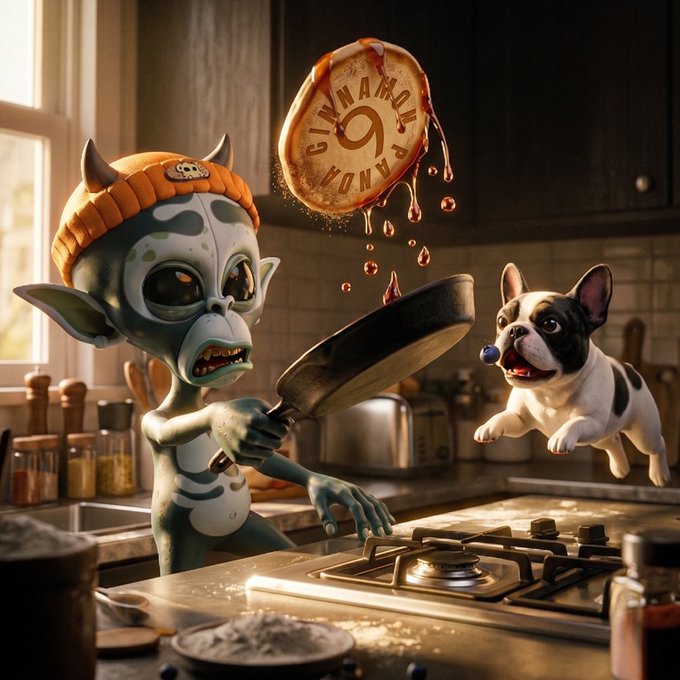 A zombie-like character in a cinnamon-colored beanie flips a pancake branded "CINNAMON PANDA" into the air while a startled French Bulldog leaps backward in a chaotic kitchen scene, embodying the messy, chaotic "secret ingredient" vibe of the #MAL MoonApeLab post.