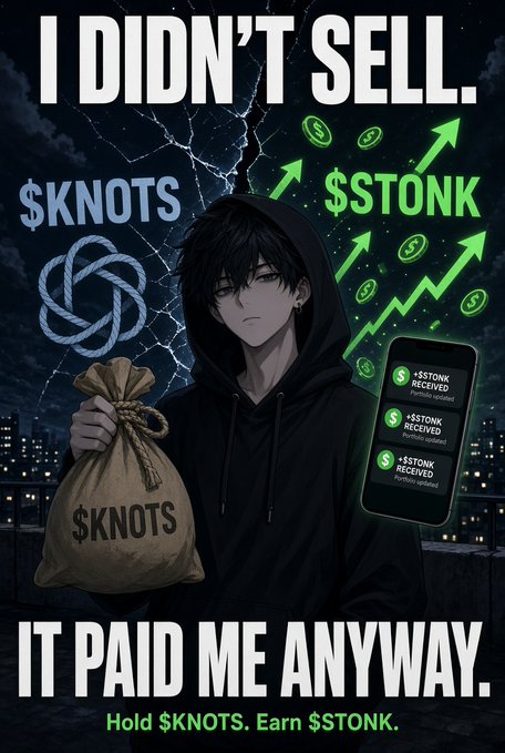 An anime-style promotional image shows a hooded character holding a money bag labeled '$KNOTS' with the text 'I DIDN'T SELL. IT PAID ME ANYWAY. Hold $KNOTS. Earn $STONK.'