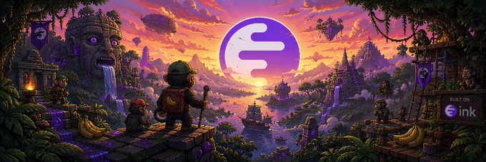 A vibrant fantasy digital artwork featuring a small character with a backpack overlooking a lush valley with floating islands, a large purple 'ink' logo in the sky, and tropical elements, with a 'BUILT ON ink' badge in the corner.