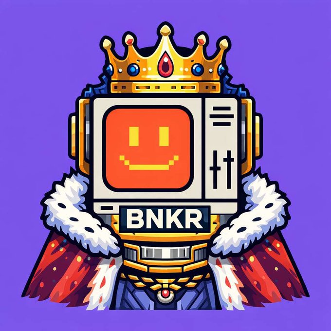 A digital illustration of a robot wearing a golden crown and a royal cape, with a red smiley face screen displaying the ticker "BNKR".