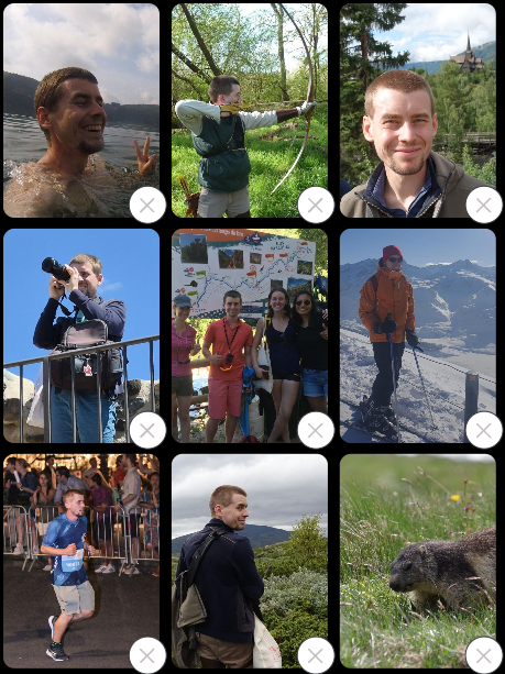 A grid of nine photos showing a young man in various outdoor settings, including swimming, archery, mountaineering, and wildlife viewing, each with a dismiss button.