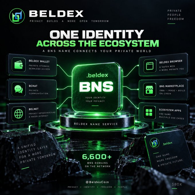 A promotional infographic for BELDEX cryptocurrency featuring a glowing green "BNS" central cube, highlighting their privacy-focused ecosystem including Beldex Wallet, Browser, BChat, Belnet, BNS Marketplace, and Ecosystem Apps, noting 6,600+ BNS domains.