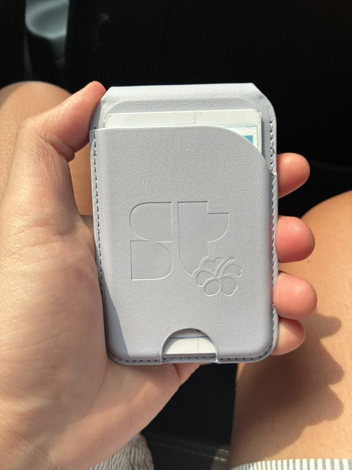 A hand holding a light gray leather wallet featuring an embossed 'S' logo with a flower design, containing a card and cash.