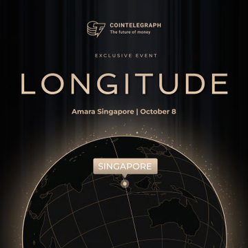 A promotional poster for "LONGITUDE," a Cointelegraph exclusive event taking place at Amara Singapore on October 8, featuring a dark globe design highlighting Singapore. The image supports the announcement of Cointelegraph's Asia tour, promoting the Singapore stop during TOKEN2049 week.