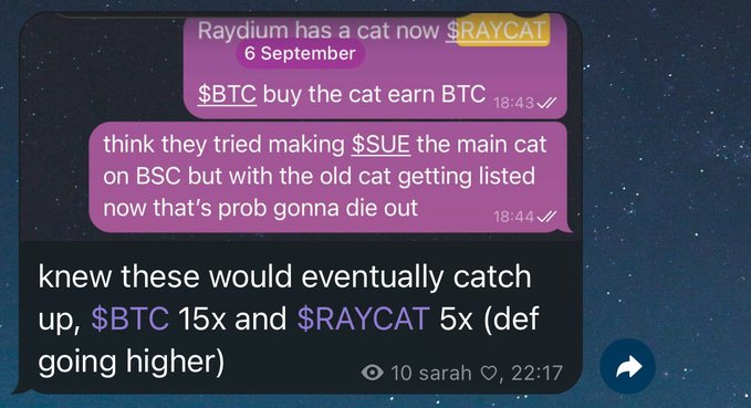 A Telegram chat screenshot showing messages about Raydium getting a cat token ($RAYCAT) and Bitcoin ($BTC), with one user predicting $BTC 15x and $RAYCAT 5x gains.
