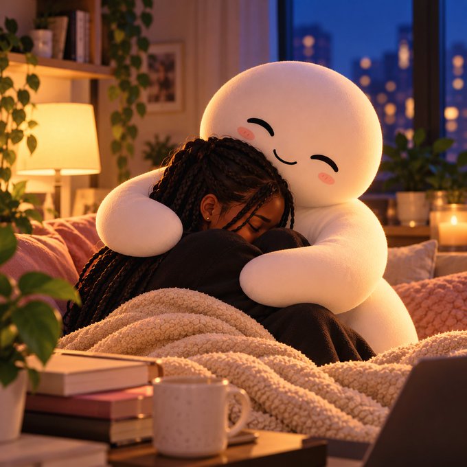 A person with braided hair rests their head against a large, white, smiling plush figure while wrapped in a cozy blanket on a couch, with a city skyline visible through the window at night.