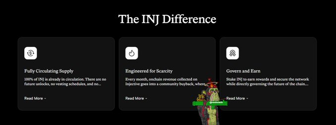 A promotional graphic titled 'The INJ Difference' highlighting 'Fully Circulating Supply', 'Engineered for Scarcity', and 'Govern and Earn', with a Pepe-like character and green '@blockchainlenny' handle visible.