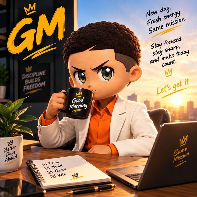 A stylized cartoon character with curly hair, wearing a white blazer over an orange shirt, intensely sips from a black "Good Morning" mug at a desk featuring a checklist (Focus, Build, Grow, Win), a "Better Days Ahead" plant pot, and a laptop labeled "Same Mission," while a poster reads "DISCIPLINE BUILDS FREEDOM" and the right side displays motivational phrases like "New day. Fresh energy. Same mission," "Stay focused, stay sharp, and make today count," and "Let's get it," reinforcing the post's call for weekend discipline, focus, and an active crypto community contest where winners will be selected in 24 hours.