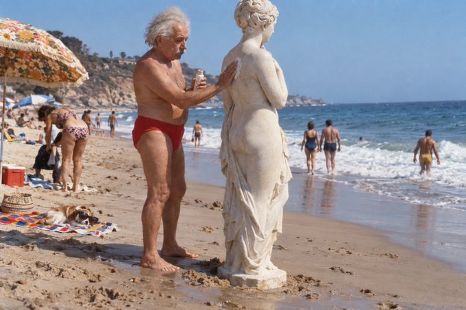 An older man in red swim trunks stands on a crowded beach, spraying something on a white classical statue.