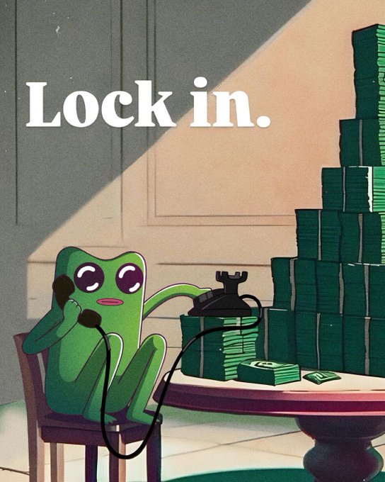 An illustrated meme featuring a green frog character sitting at a desk next to a massive pile of cash stacks while talking on a phone, with the text 'Lock in.' displayed prominently.