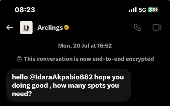 A screenshot of an Instagram DM conversation dated Mon, 20 Jul at 16:52 with "Arclings," showing an end-to-end encrypted message from @IdaraAkpabio882 asking, "hello @IdaraAkpabio882 hope you doing good, how many spots you need?" — supporting the post's caption about meeting NFT enthusiasts two months prior and raffling over 50x GTDs (guaranteed spots) for the bullish Arc NFT community.