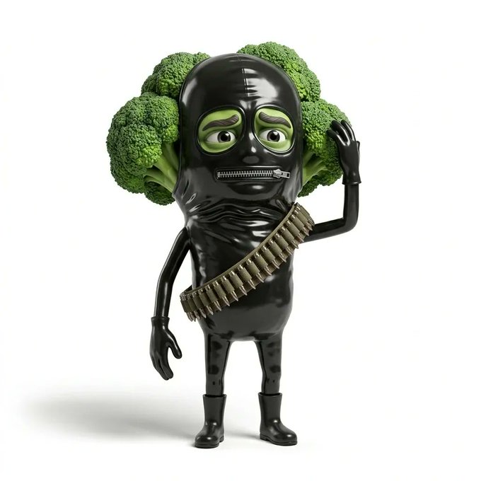 The image features a 3D rendered character of a person wearing a mask, holding broccoli in their hand. The character has a black body with a green headband that covers half of its face, giving it a unique appearance. The character is standing against a white background. In the accompanying text, the caption reads: "BRAINROT #211 has been sold for 0.15 ETH".