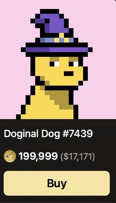 A pixel art NFT listing for 'Doginal Dog #7439' priced at 199,999 ($17,171) with a Buy button.