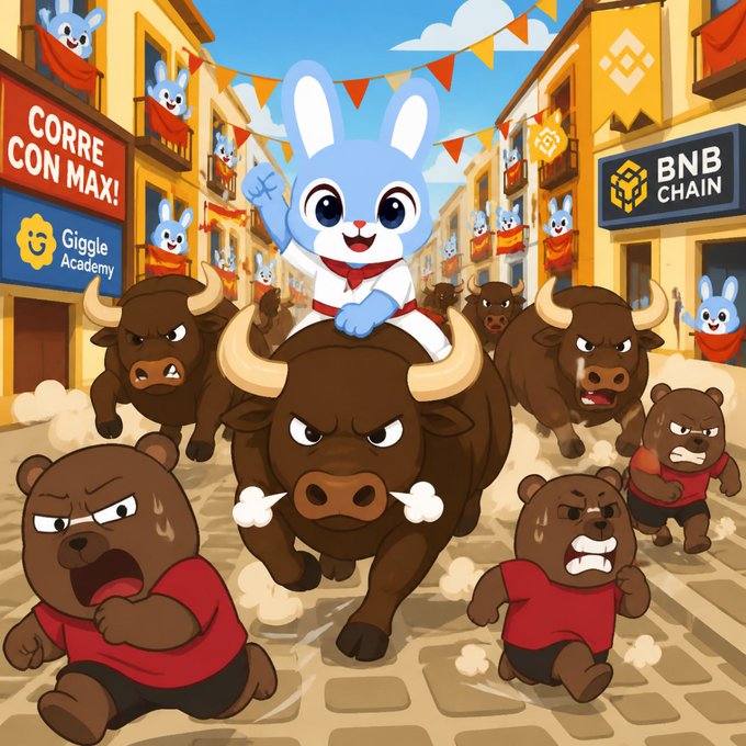 An illustration showing a blue bunny mascot riding a charging bull while bears flee in panic, with a 'BNB CHAIN' sign and 'Giggle Academy' storefront visible in the background.