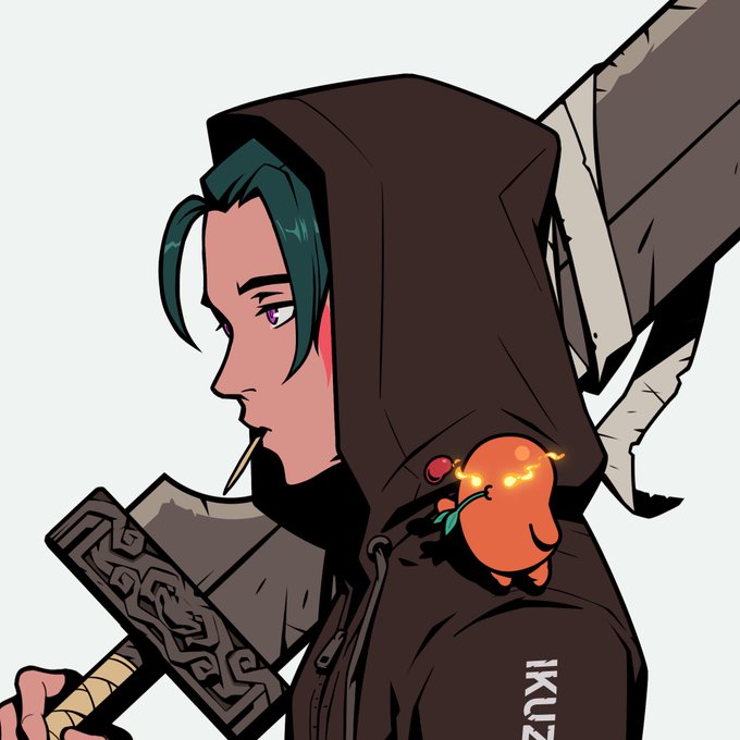 An anime-style illustration of a hooded figure with teal hair and purple eyes in profile, smoking, carrying a large sword with rune engravings, and featuring a small glowing orange creature on their shoulder with 'IKUZ' text on the hood.