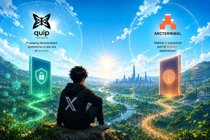 A digital artwork showing a person sitting on a cliff overlooking a futuristic landscape, with logos for 'quip network' (Preparing decentralized systems for a new era of security) and 'ARCTERMINAL' (Making AI a practical part of onchain applications) displayed on either side.
