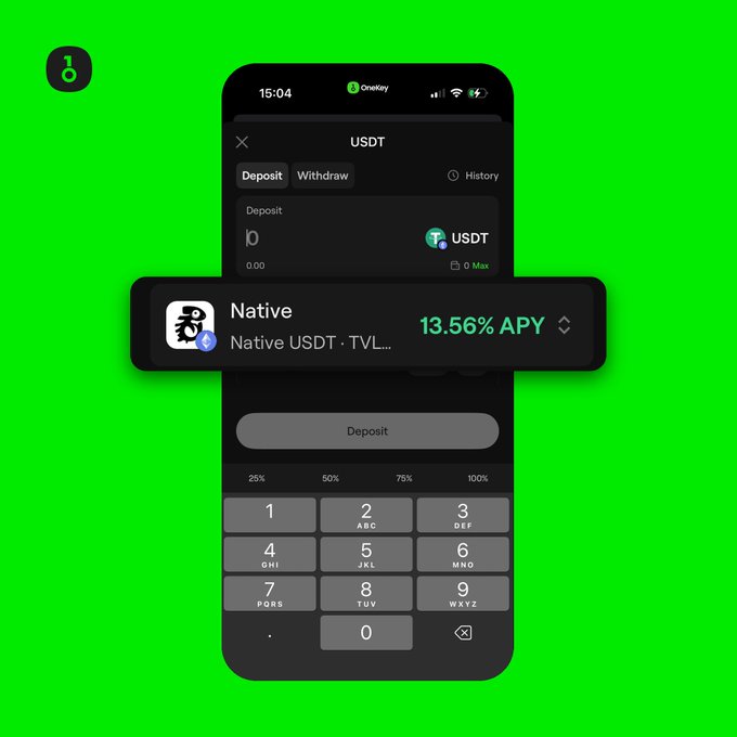 The image shows a black smartphone with an app icon displayed, which appears to be related to cryptocurrency or digital currency. The app has information about native liquidity protocols, specifically focusing on the Native vault's functions and fees. The screen of the phone displays this information along with a payment screen, suggesting that it is displaying how depositing funds works in relation to trading and market-making through the Native vault.