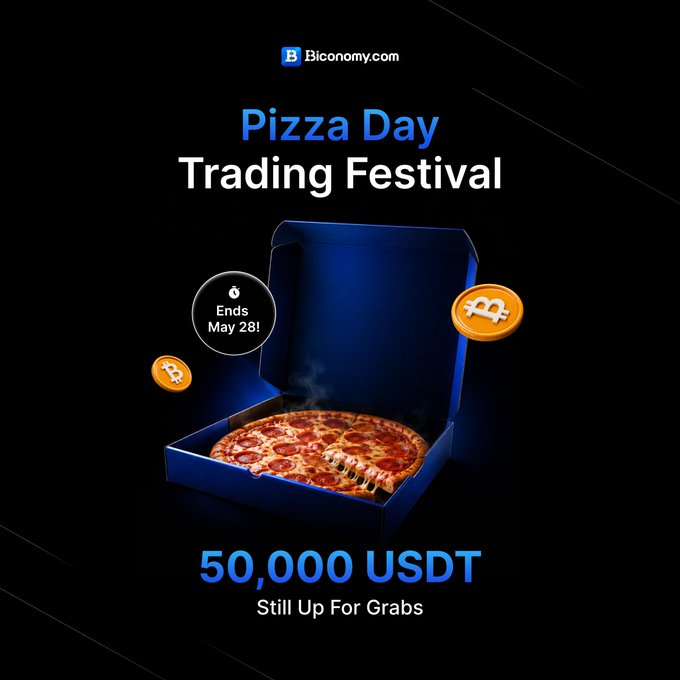 A blue pizza box with a pizza inside, surrounded by Bitcoin and trading coins, is featured on an advertisement for Pizza Day Trading Festival.