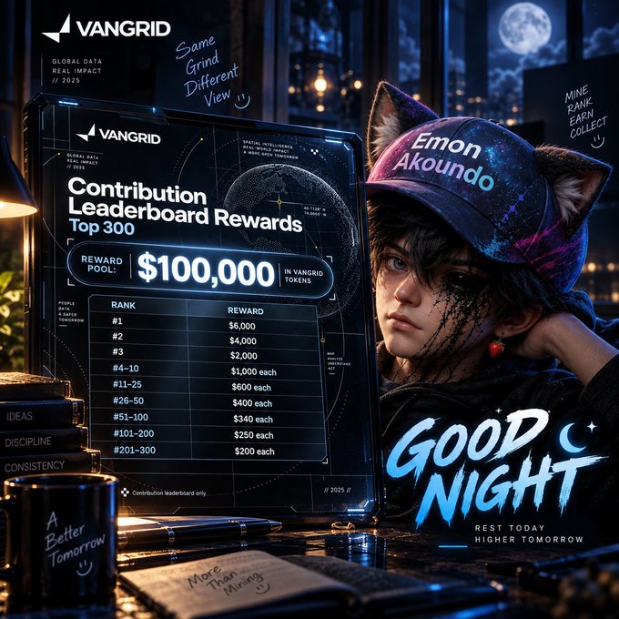 An anime-style character wearing a galaxy-patterned cap labeled "Emon Akoundo" looking at a computer monitor displaying the VanGrid "Contribution Leaderboard Rewards" Top 300 list, set against a night cityscape with "GOOD NIGHT" text.