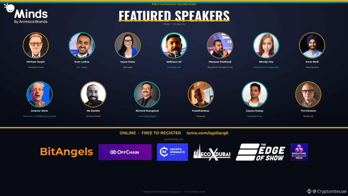 Promotional graphic for 'Minds' featuring 'FEATURED SPEAKERS' including Michael Saylor, Evan Luthra, Joyce Chow, Subbarao All, Haseeb Qureshi (Haseeb Macbeet), Wendy Yew, Amar Bedi, Andrew Work, Nae Bandoo, Richard Sharpsland, PikaRafikiHines, Gaura Dudley, and Tim Khitilov, with event logos like BitAngels and OffChain.