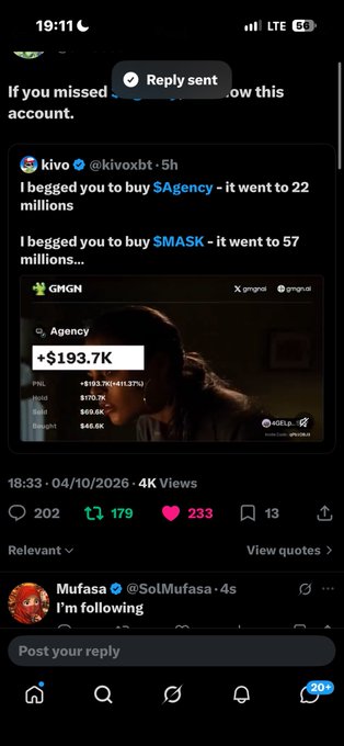 A screenshot of a Twitter/X post shows 'kivo @kivoxbt' stating 'I begged you to buy $Agency - it went to 22 millions' and '$SMASK - it went to 57 millions', along with a trading interface showing '+ $193.7K'.