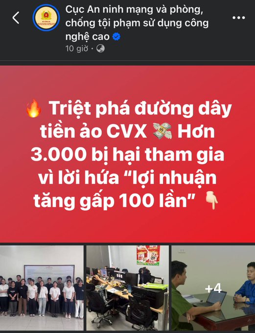 A Vietnamese Facebook post by 'Cục An ninh mạng và phòng, chống tội phạm sử dụng công nghệ cao' announcing the dismantling of a cryptocurrency scam 'CVX' that defrauded over 3,000 victims with a promised '100x profit' scheme.