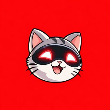 A cartoon cat head with glowing red eyes and an open smile is centered on a bright red background, visually representing the newly acquired "Artificial Mini Cat" ($AMC) token referenced in the post.
