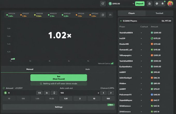 A screenshot of a Crash-style gambling game showing a current multiplier of 1.02x, with a 'Bet' button and a leaderboard displaying players like 'Yesitshot8804' and 'AARRY' with their cashout amounts.