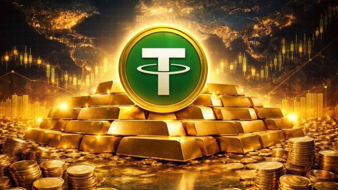 A glowing green Tether (USDT) cryptocurrency coin sitting atop a pile of gold bars surrounded by gold coins, set against a fiery background with a stock market chart.