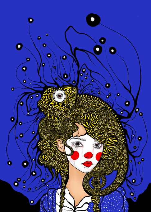 A stylized digital illustration of a woman with white face paint, red clown-like makeup on her cheeks and lips, wearing an elaborate yellow patterned headdress resembling a brain or coral structure against a vivid blue background with floating black eye-like circles.