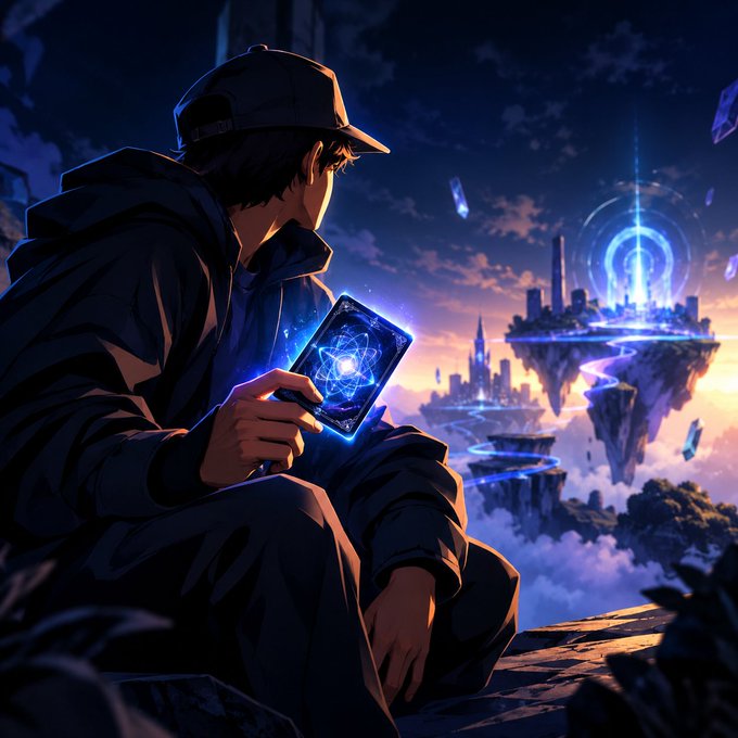 An anime-style illustration of a young man wearing a cap and dark jacket, sitting and gazing at a glowing holographic device, with a floating futuristic city visible in the background.