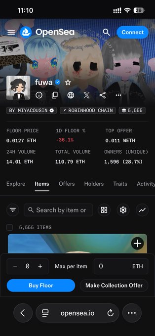 An OpenSea mobile page showing the 'fuwa' NFT collection by MIYACOUSIN on Robinhood Chain, with a floor price of 0.0127 ETH and 14.01 ETH 24h volume.