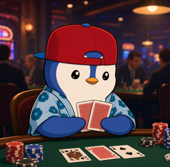 An animated penguin character wearing a red backwards cap and blue floral shirt sitting at a poker table holding playing cards, with chips and cards visible on the green felt in a casino setting.