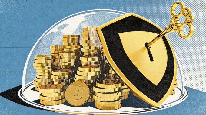 An illustration showing stacks of gold coins with dollar signs inside a glass dome, protected by a gold shield and key, symbolizing financial security.