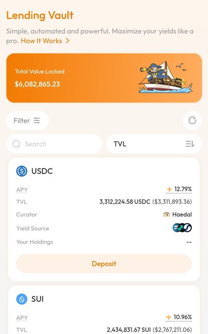 A mobile screenshot of a 'Lending Vault' interface showing a Total Value Locked of $6,082,865.23, with USDC listed at 12.79% APY and SUI at 10.96% APY.
