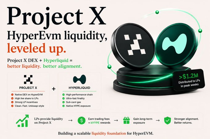 A promotional graphic for Project X announces "HyperEVM liquidity, leveled up," pairing the native DEX on HyperEVM with Hyperliquid's high-performance chain to offer LPs over $1.2M in distributions, high fee share, strong incentives, and sub-cent gas fees—directly visualizing the partnership's promise of deeper liquidity and native HYPE exposure through its 3D token render and process flow.