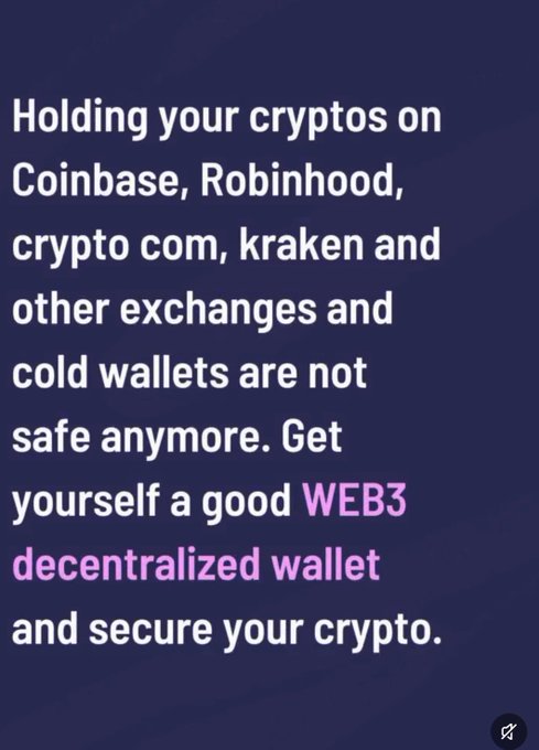 A text graphic warns that crypto holdings on exchanges like Coinbase, Robinhood, Crypto.com, and Kraken are 'not safe anymore,' urging viewers to get a 'good WEB3 decentralized wallet.'