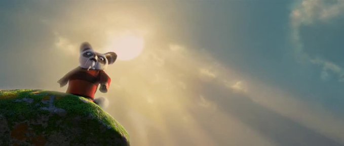 An animated scene featuring a small cartoon character wearing a red outfit standing on a mossy rock, looking up at a bright sun shining through clouds.